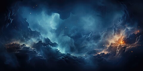 Dark blue abstract background in the form of clouds, fog, sky with bright flashes of orange color. Backdrop with swirling haze, smoke, steam