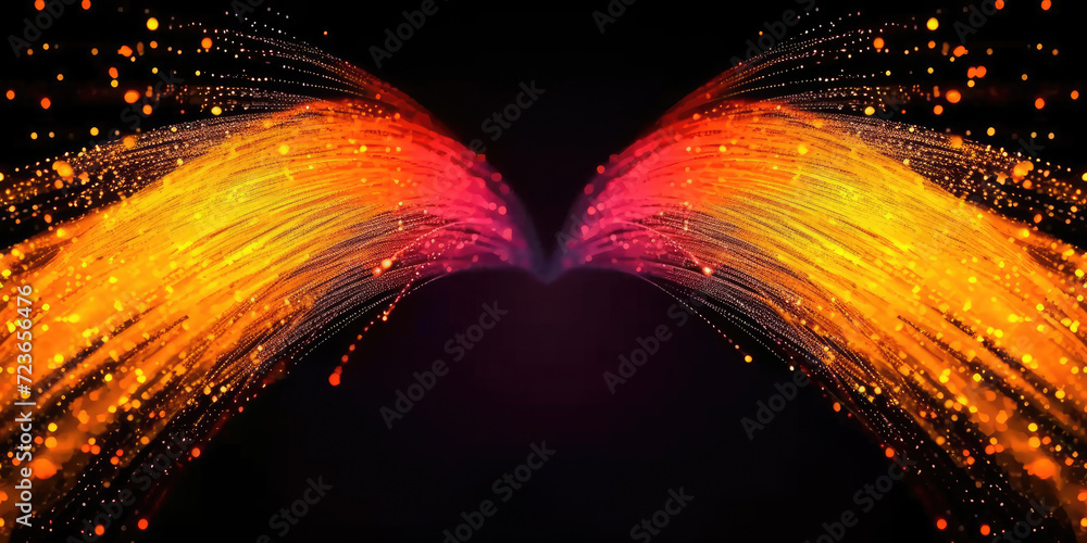 Poster 3d rendering of abstract wire cable tunnel with digital binary data transmitting.orangeglowing data 