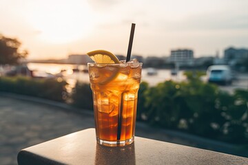 Enjoy a refreshing iced tea on the rocks with a twist of lemon