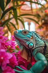 Obraz premium A colorful iguana blends beautifully with the vivid pink blossoms and tropical surroundings