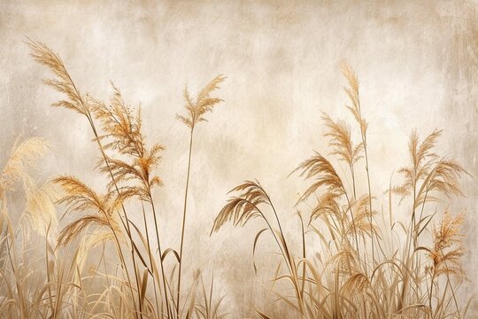 Photo wallpapers for walls. Beautiful leaves on a beige background. A mural for a room. Painted grass.