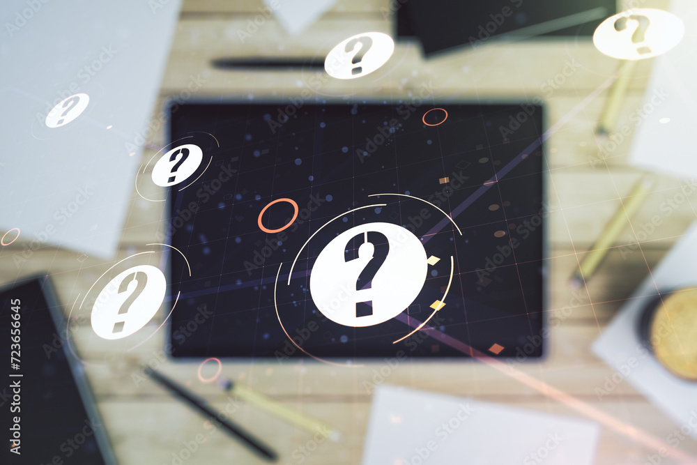Aufkleber creative concept of question mark illustration and modern digital tablet on background, top view. fa