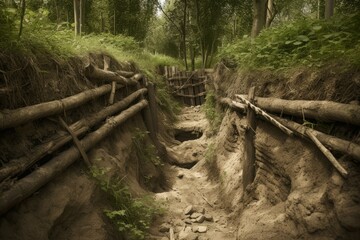 Abandoned trenches war. Dirty and broken battleground with green grass. Generate AI
