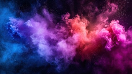 Vibrant pink, blue, and purple smoke clouds merge and swirl against a deep cosmic-like dark...