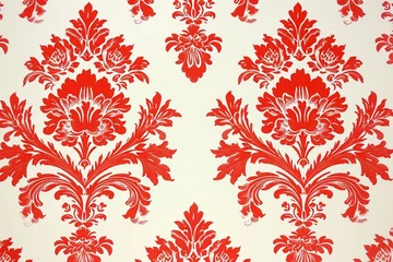 Fotobehang Red wallpaper vintage flock with red damask design on a white background retro vintage style © Jasmeen