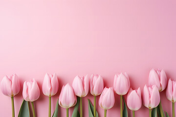 pink tulips in a row on a pink background ai generative
