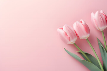 pink tulips in a row on a pink background ai generative