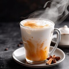 Steaming cup of beverage, possibly coffee or hot chocolate, aromatic with spices