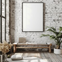 a blank white poster mockup on a grey brick wall in a living room