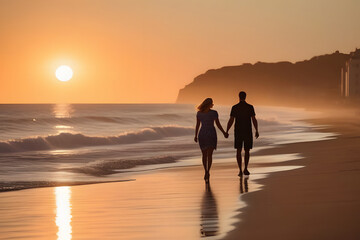 couple on the beach at sunset. 