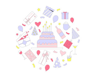 Birthday accessories round composition. Anniversary elements set celebration objects. Holiday event cake and presents. Collection of balloons drinks and confetti gift card. Vector illustration