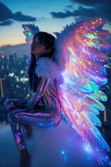 An artistic take on a woman with luminescent wings poised above a glittering urban landscape at night