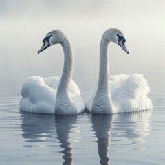 Fototapeta premium White Swans On Winter Lake On White Background, Illustrations Images