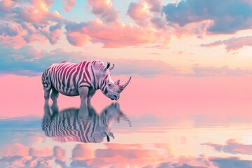 Fototapeta na wymiar A surreal image of a striped rhinoceros standing by a reflective body of water under a vibrant sunset