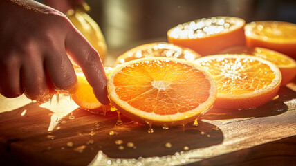 Freshly cut juicy orange in the sunlight