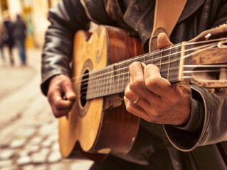 Homeless man, street musician, playing guitar