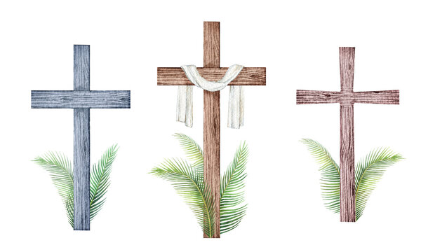 Watercolor set of religious crosses with palm branches. Easter catholic religious symbol. Illustration for  Epiphany, Christening, baptism, cards, invitations..