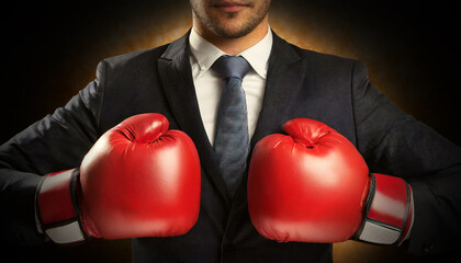 Close-up of a businessman dressed in suit and tie wearing two red boxing gloves on a dark background. Generative Ai.