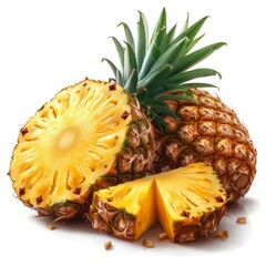 Whole Cut Ripe Pineapples On White Background, Illustrations Images