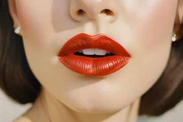 Fototapeta premium A captivating portrayal of lip care and makeup artistry. Focus on a closeup of radiant lips. Making it a true work of cosmetic art