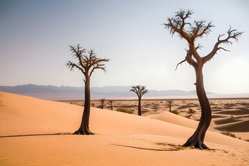 Fototapeta na wymiar A-surreal-landscape-of-twisted-gnarled-trees-standing-tall-against-the-harsh-desert-sands,trees-in-the-desert