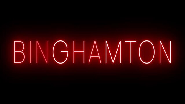 Flickering red retro style neon sign glowing against a black background for BINGHAMTON