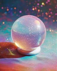 A shimmering crystal ball captures a celestial pink glow, radiating on a dreamlike backdrop