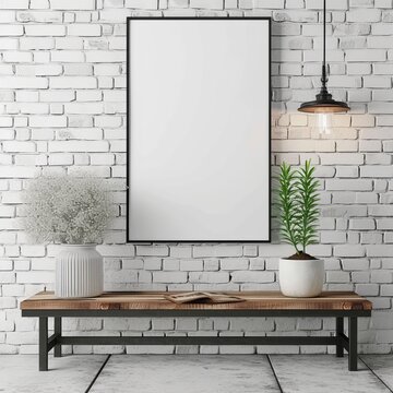 Fototapeta a blank white poster mockup on a grey brick wall in a living room
