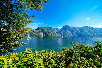 View of Traunsee and the surrounding landscape. Idyllic nature by the lake in Styria in Austria....