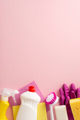 Home cleaning collection featuring top view detergents, spray bottle, soap, rubber gloves, cleaning napkins, and brush, presented on a pastel pink surface with space for promotional content
