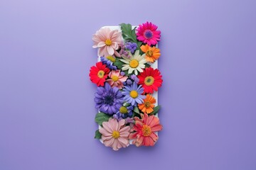 Assorted vibrant flowers artistically arranged on a purple background creating a rectangular shape