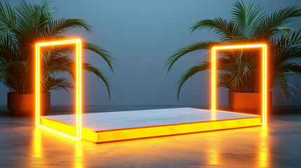 Marble platform, pedestal, frame or podium for product placement  with glowing neon yellow-orange rectangles and two potted palm plants. Futuristic neon background. Modern, minimal product presentatio