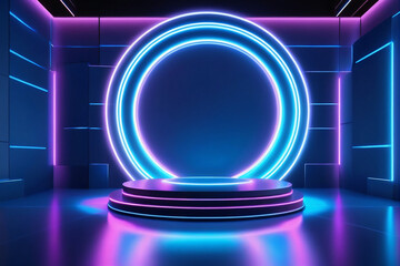3D background with blue hologram round podium pedestal and circle glow neon, Vertical pattern wall scene - Product showing