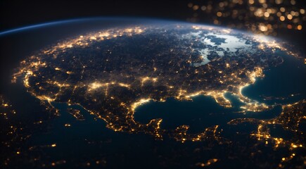 America at night viewed from space with city lights showing activity in United States. Technology, global communication, world. USA. Created with Generative AI technology - obrazy, fototapety, plakaty