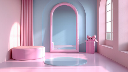 Pastel pink and blue empty studio room for product placement. Minimalist and modern exhibition space. Studio podium for product advertising.