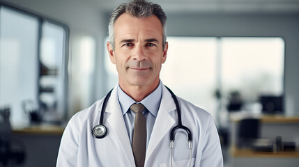 A portrait of a doctor, an interesting middle-aged man with a little gray hair, wearing a white medical coat with a stethoscope, stands in the clinic and smiles easily. Bust close-up portrait