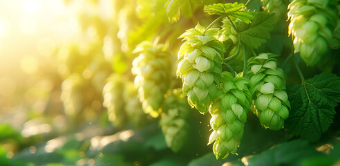 Green hop cones in the field, close-up. Beer production concept
