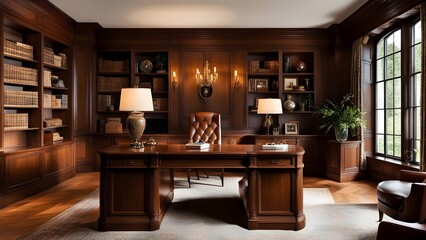 Capture the timeless elegance of a classic English manor office with rich wood paneling and antique decor, a sophisticated workspace steeped in tradition.