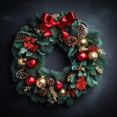 Fototapeta na wymiar Winter Wreath with Red Bow