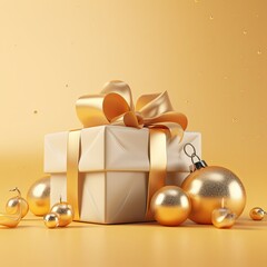 Fototapeta na wymiar Luxury Christmas Gift - Gold Present with Bow and Ball ornaments