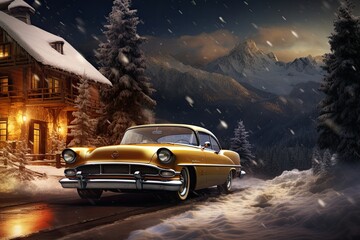 A Golden Classic Car in the Winter Wonderland