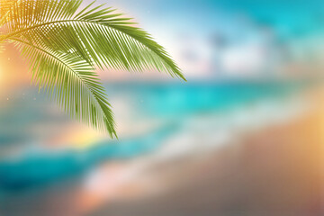 Blur beautiful nature green palm leaf on tropical beach with bokeh sun light wave abstract background. Copy space of summer vacation and business travel concept. Vintage tone filter effect color style