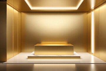 3D illustration of an interior room with a shiny spotlight on a luxury gold empty product display stand