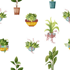 Seamless pattern. Houseplant plant growing in pots. Set of handmade home plants isolated on white background. Cartoon flat illustration.
