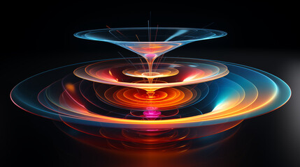 Colorful 3d model funnel flow, 5 layers,levitating, on dark blue background - obrazy, fototapety, plakaty