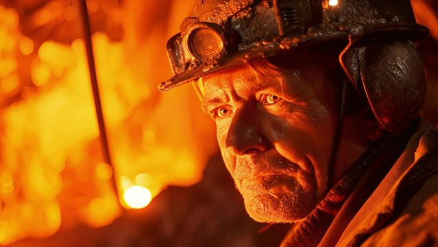 The fiery heat from the blast furnace illuminates the wrinkled face of a veteran worker, his protective gear shining under the intense glow.