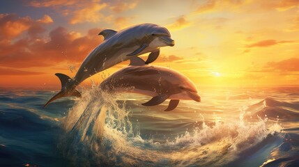 Two beautiful dolphins jump over the rising waves. Marine animals in their natural habitat.