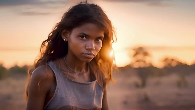 adolescent girl going through formative metamorphosis, calls land of Outback home. Pure Aboriginal ancestry pronounced in smile brushed with melancholy, sat alone under vast sky.