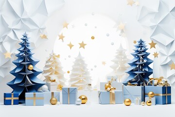 A magical winter scene with Christmas trees and presents