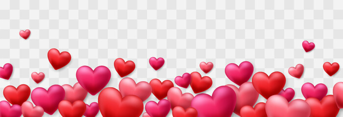 Valentines day love symbol, 3d vector hearts. Flying cute love hearts isolated on png. Realistic romantic emoji. Valentines day background. Wedding decor vector set